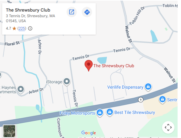 Map showing The Shrewsbury Club at 3 Tennis Drive near Route 9 in Shrewsbury, Massachusetts.